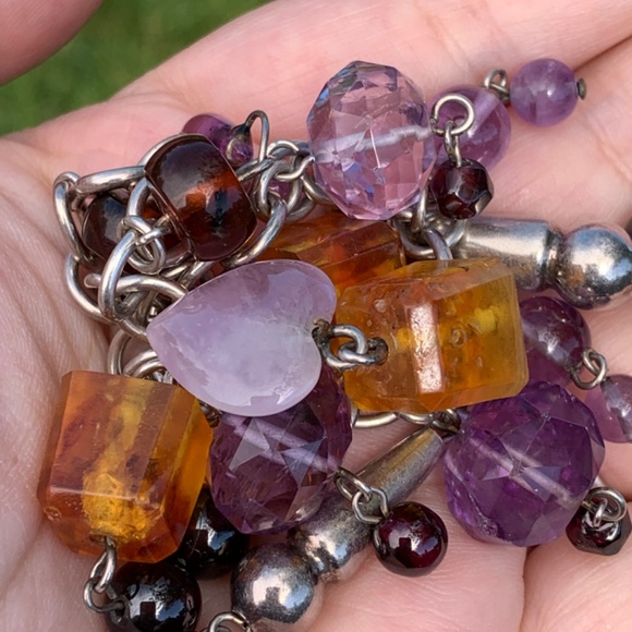 VINTAGE CHARM BRACELET HEART AMETHYST AMBER GARNET 925 STERLING SILVER UNIQUE - Picture 14 of 16
